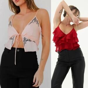 NWT Rumored Pink Wilder Top & Red Shimmer Tango Tank Ruffle BUNDLE Size S